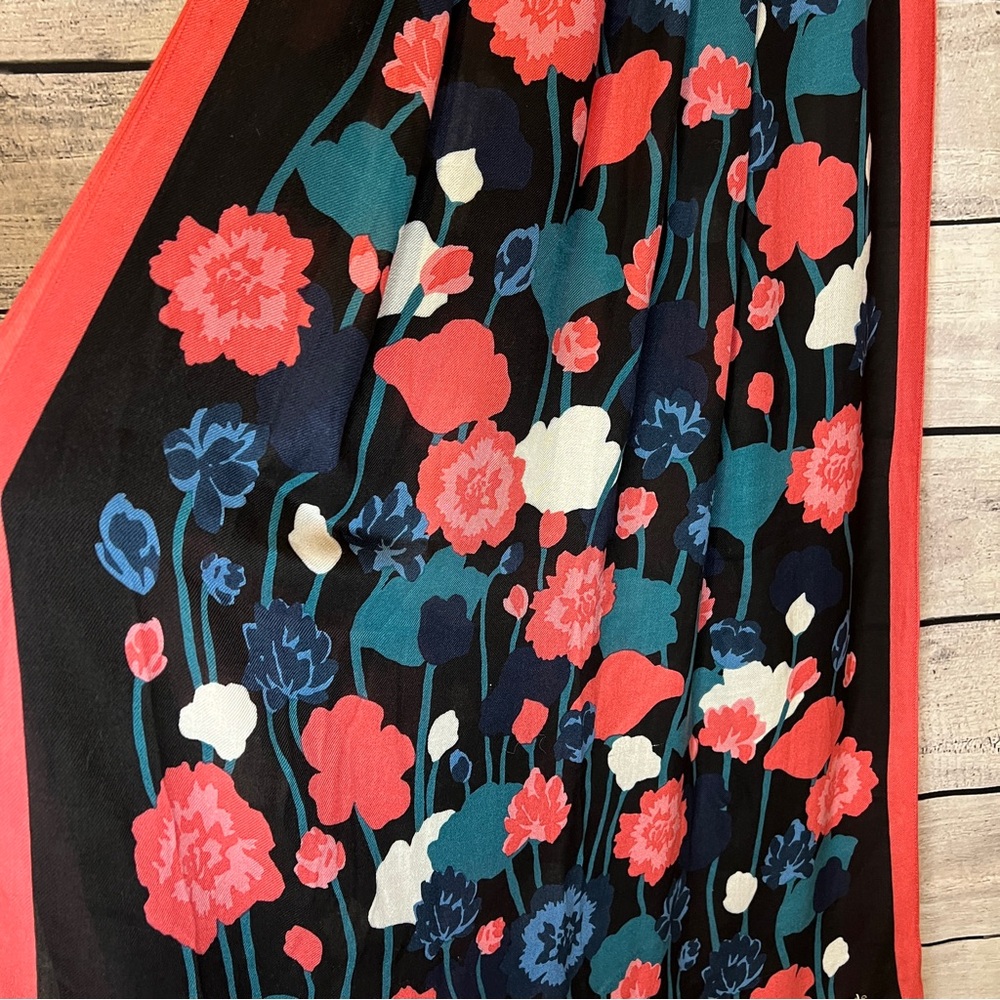 Kate Spade Viney Floral Scarf Black Coral Pink Green Blue Shawl - Picture 4 of 10